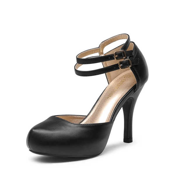 Double Ankle Strap Heel Pumps - BLACK PU -  0